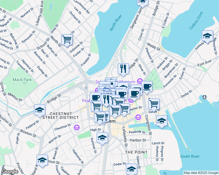 map of restaurants, bars, coffee shops, grocery stores, and more near 32 Federal Street in Salem