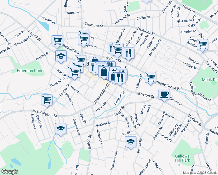 map of restaurants, bars, coffee shops, grocery stores, and more near 111 Main Street in Peabody