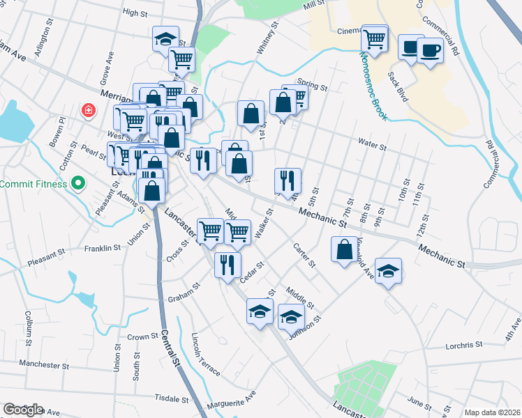 map of restaurants, bars, coffee shops, grocery stores, and more near 26 Jerome Place in Leominster