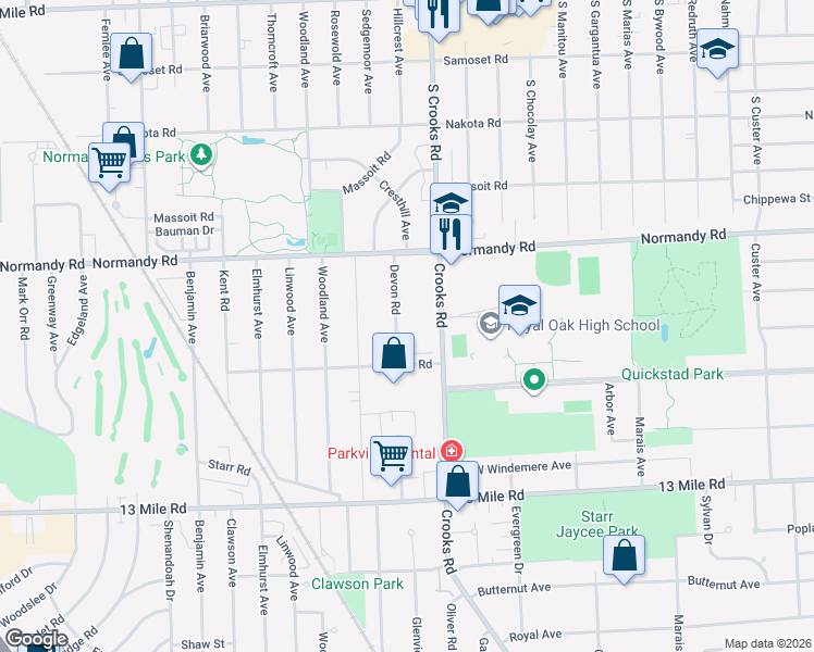 map of restaurants, bars, coffee shops, grocery stores, and more near 3902 Devon Road in Royal Oak