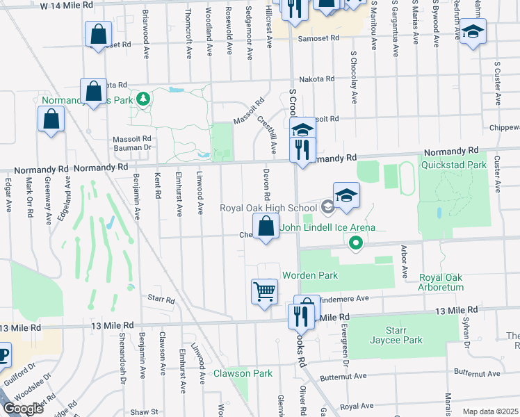 map of restaurants, bars, coffee shops, grocery stores, and more near 3905 Devon Road in Royal Oak