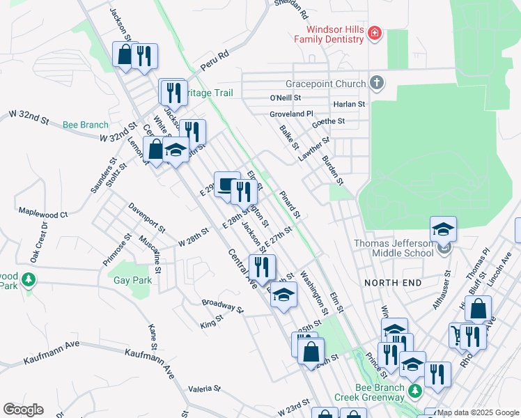 map of restaurants, bars, coffee shops, grocery stores, and more near 2735 Elm Street in Dubuque