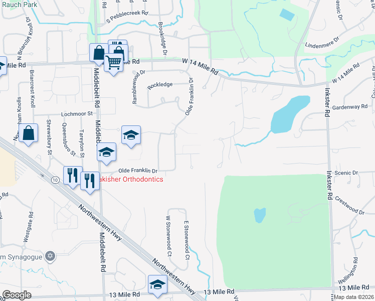 map of restaurants, bars, coffee shops, grocery stores, and more near 28670 Oakcrest Court in Farmington Hills