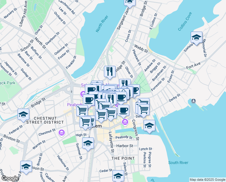 map of restaurants, bars, coffee shops, grocery stores, and more near 30 Saint Peter Street in Salem