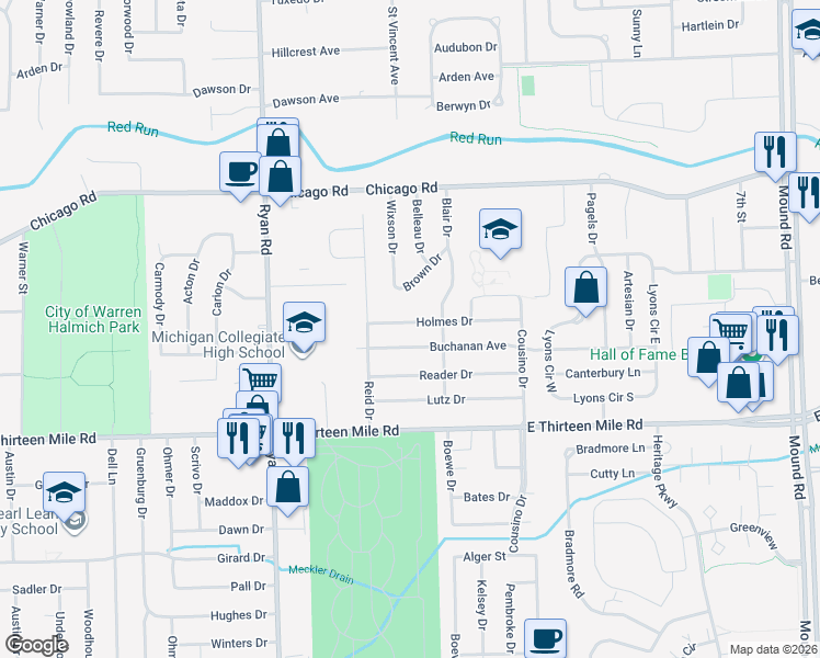 map of restaurants, bars, coffee shops, grocery stores, and more near 4510 Holmes Drive in Warren