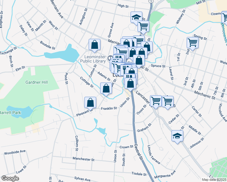 map of restaurants, bars, coffee shops, grocery stores, and more near 70 Pleasant Street in Leominster