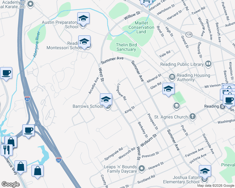map of restaurants, bars, coffee shops, grocery stores, and more near 41 Longview Road in Reading