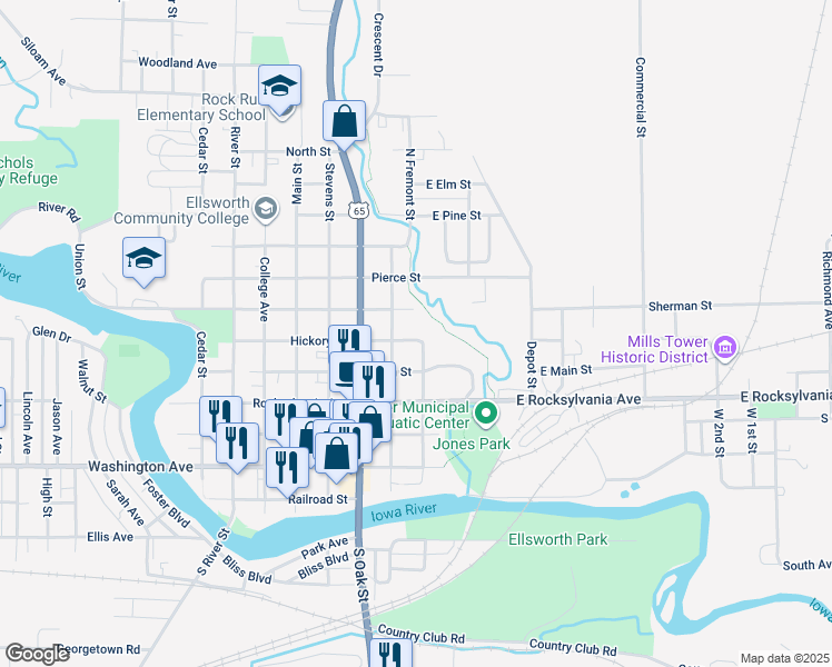 map of restaurants, bars, coffee shops, grocery stores, and more near 304 Hickory Street in Iowa Falls