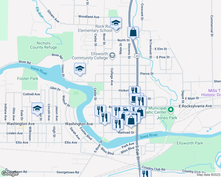 map of restaurants, bars, coffee shops, grocery stores, and more near 701 College Avenue in Iowa Falls
