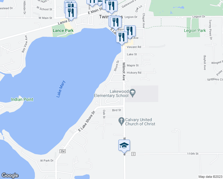 map of restaurants, bars, coffee shops, grocery stores, and more near 505 Pinewood Terrace in Twin Lakes