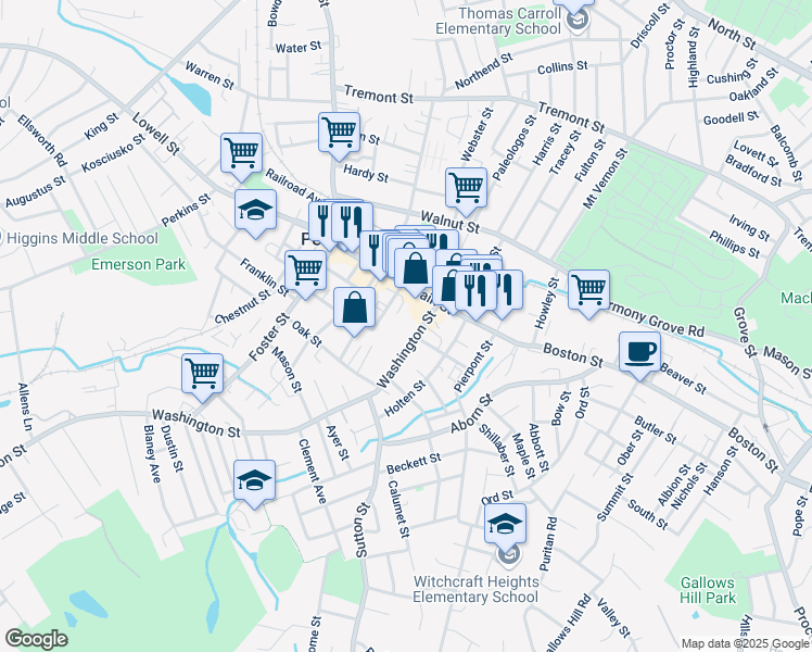 map of restaurants, bars, coffee shops, grocery stores, and more near 17R Washington Street in Peabody