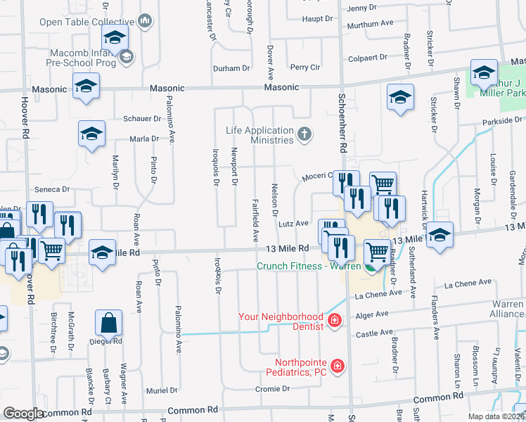 map of restaurants, bars, coffee shops, grocery stores, and more near 31158 Fairfield Drive in Warren