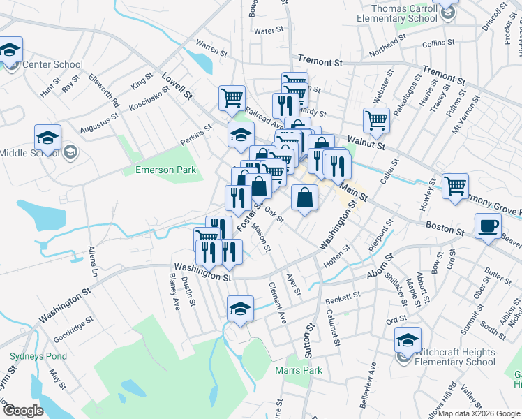 map of restaurants, bars, coffee shops, grocery stores, and more near 64 Foster Street in Peabody