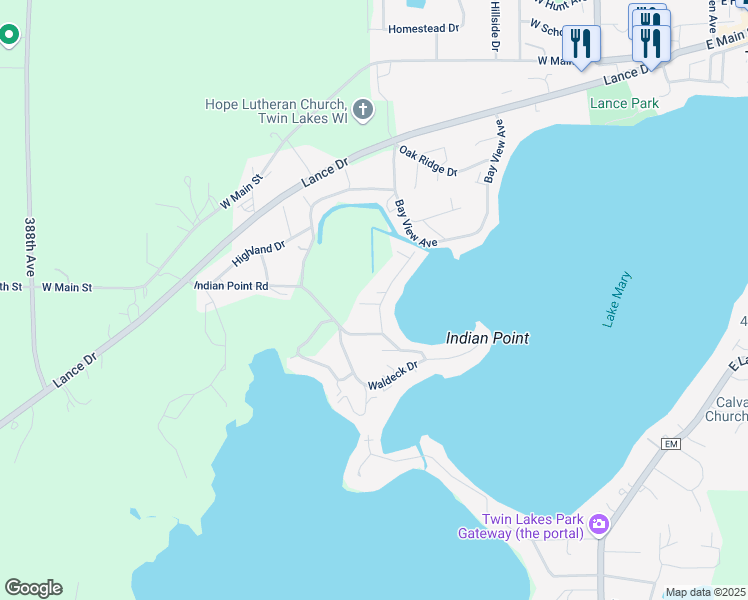 map of restaurants, bars, coffee shops, grocery stores, and more near 602 Valerie Lane in Twin Lakes