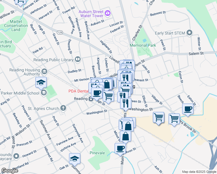 map of restaurants, bars, coffee shops, grocery stores, and more near 12 Linden Street in Reading