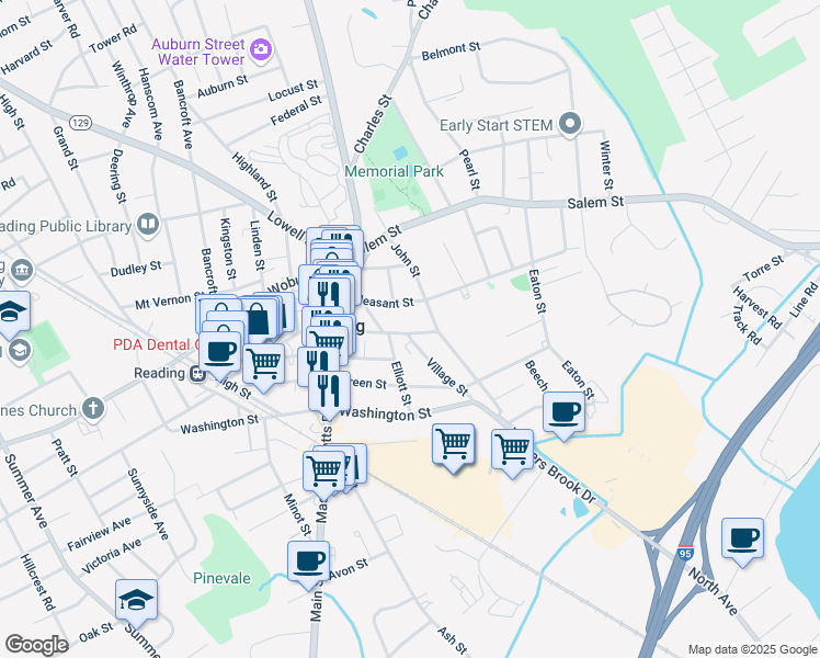 map of restaurants, bars, coffee shops, grocery stores, and more near 326 Haven Street in Reading
