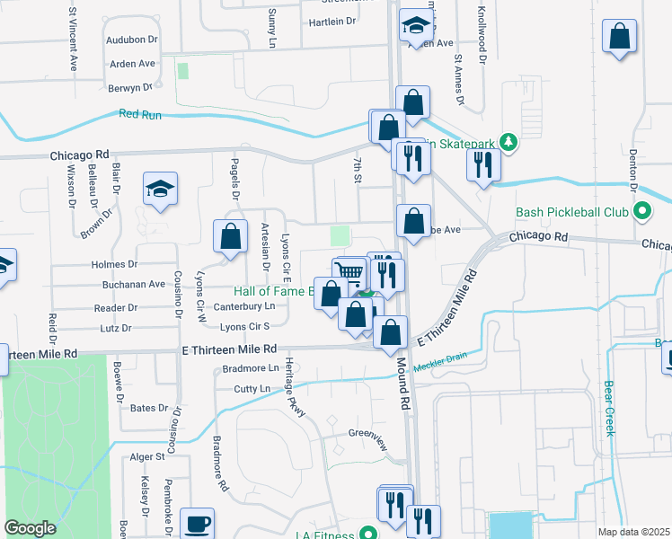 map of restaurants, bars, coffee shops, grocery stores, and more near 31343 Mound Road in Warren