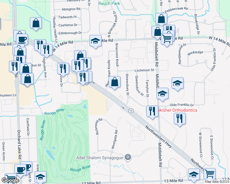 map of restaurants, bars, coffee shops, grocery stores, and more near 32000 Northwestern Highway in Farmington Hills
