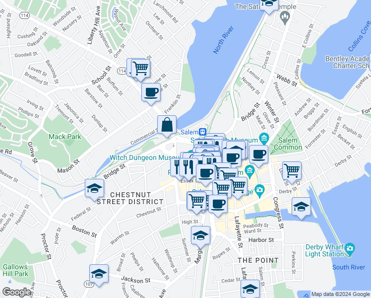 map of restaurants, bars, coffee shops, grocery stores, and more near 54 Federal Street in Salem