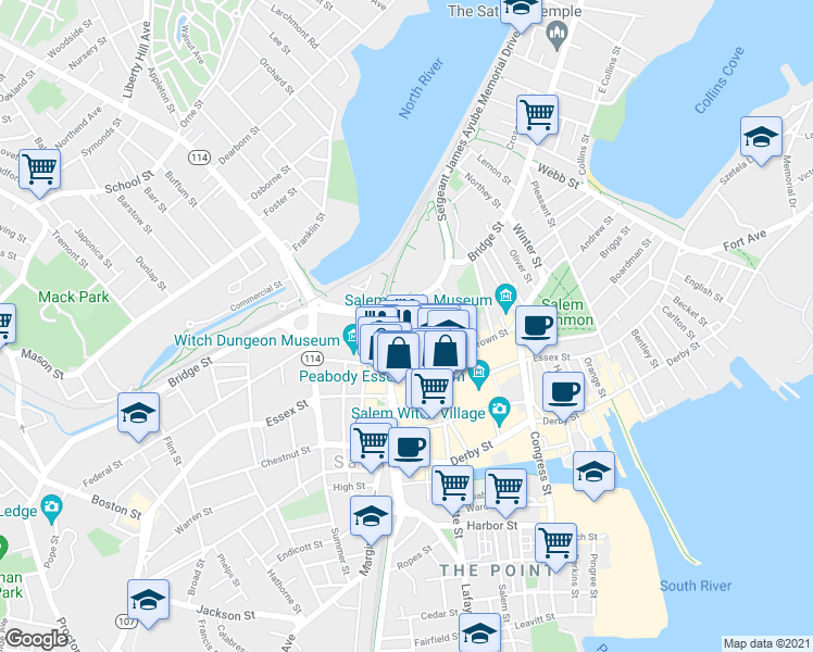 map of restaurants, bars, coffee shops, grocery stores, and more near North Walk in Salem