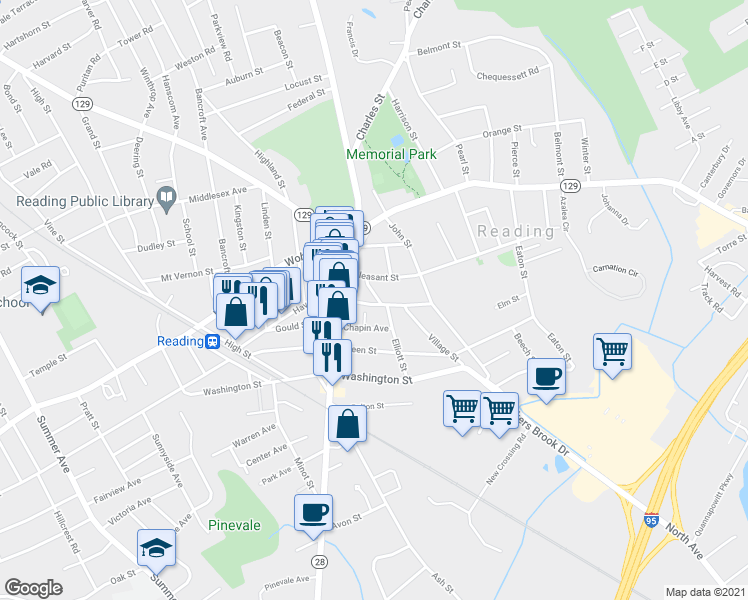 map of restaurants, bars, coffee shops, grocery stores, and more near 17 Parker Street in Reading