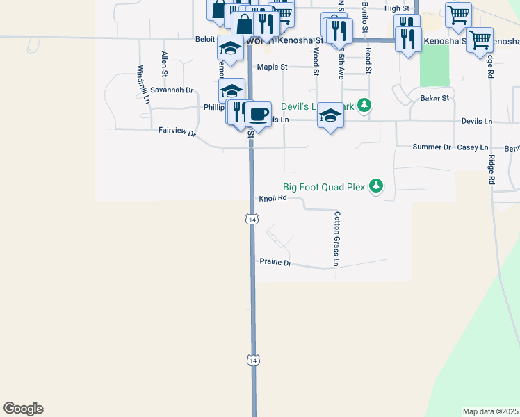 map of restaurants, bars, coffee shops, grocery stores, and more near 115 Knoll Road in Walworth
