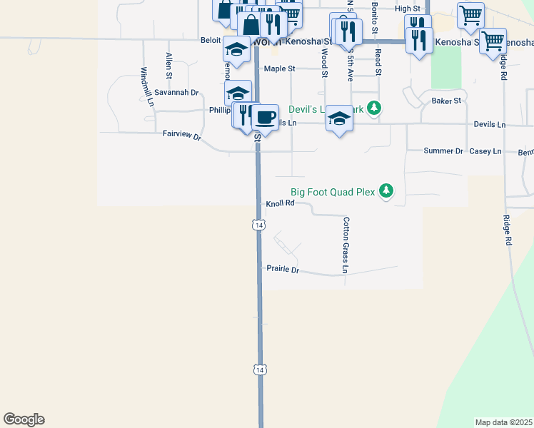 map of restaurants, bars, coffee shops, grocery stores, and more near 115 Knoll Road in Walworth