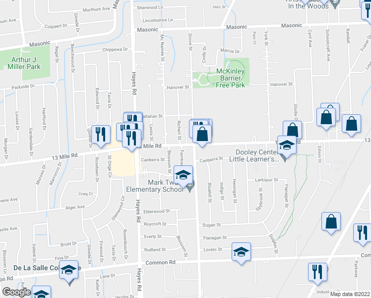 map of restaurants, bars, coffee shops, grocery stores, and more near 30954 Ferntree Street in Roseville