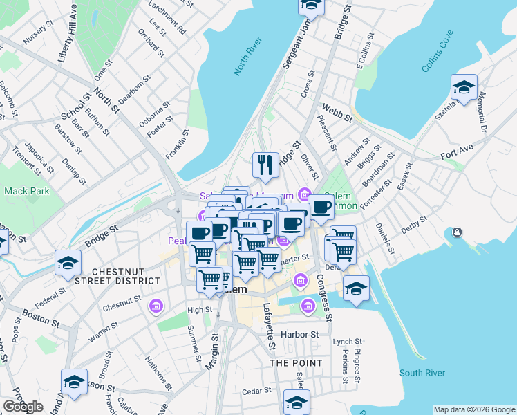 map of restaurants, bars, coffee shops, grocery stores, and more near 10 Federal Street in Salem