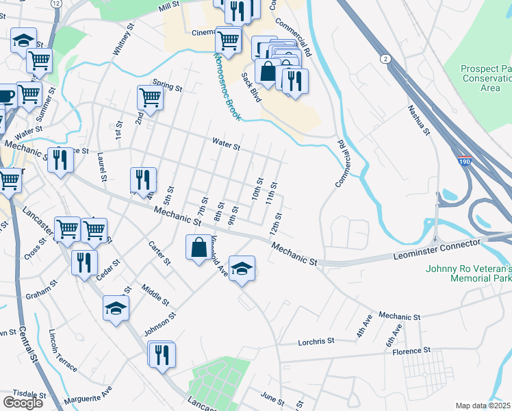map of restaurants, bars, coffee shops, grocery stores, and more near 162 10th Street in Leominster