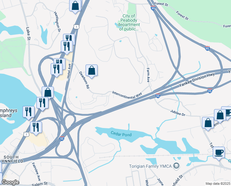map of restaurants, bars, coffee shops, grocery stores, and more near 2 Magnolia Way in Peabody