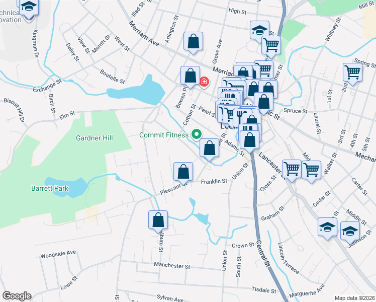 map of restaurants, bars, coffee shops, grocery stores, and more near 48 Cottage Street in Leominster