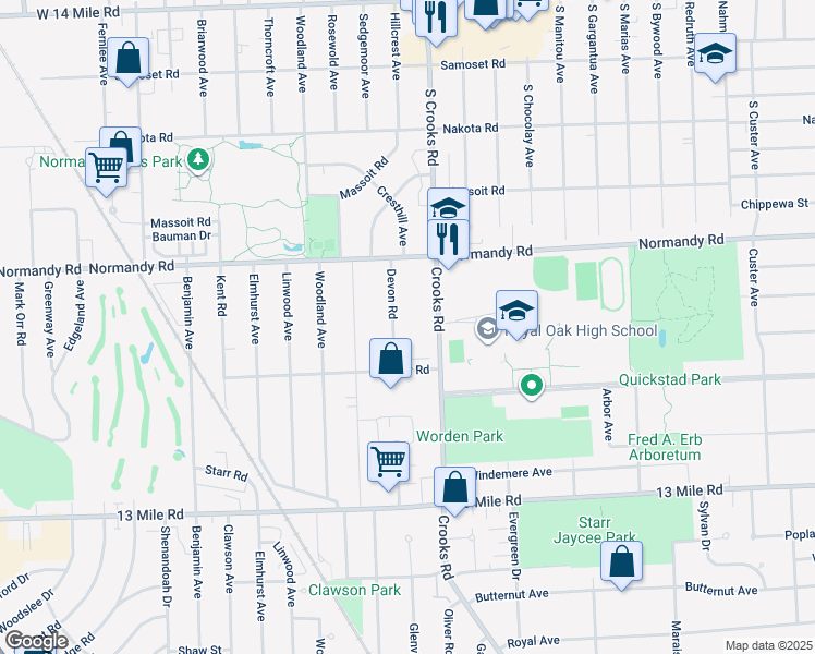 map of restaurants, bars, coffee shops, grocery stores, and more near 3902 Devon Road in Royal Oak
