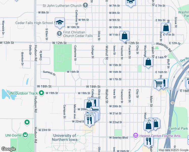 map of restaurants, bars, coffee shops, grocery stores, and more near 1616 College Street in Cedar Falls