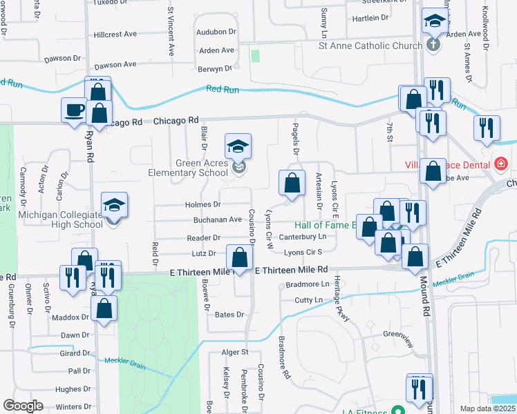 map of restaurants, bars, coffee shops, grocery stores, and more near 31344 Cousino Drive in Warren