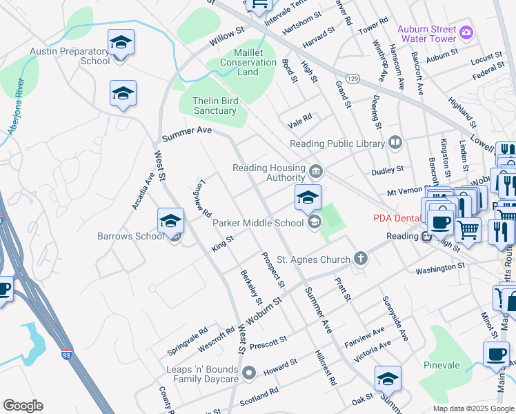 map of restaurants, bars, coffee shops, grocery stores, and more near 141 Summer Avenue in Reading