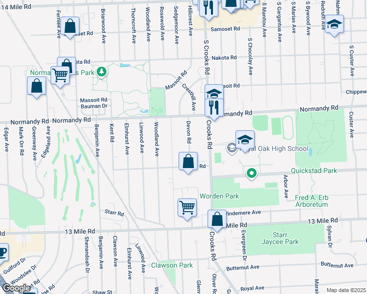 map of restaurants, bars, coffee shops, grocery stores, and more near 3905 Devon Road in Royal Oak