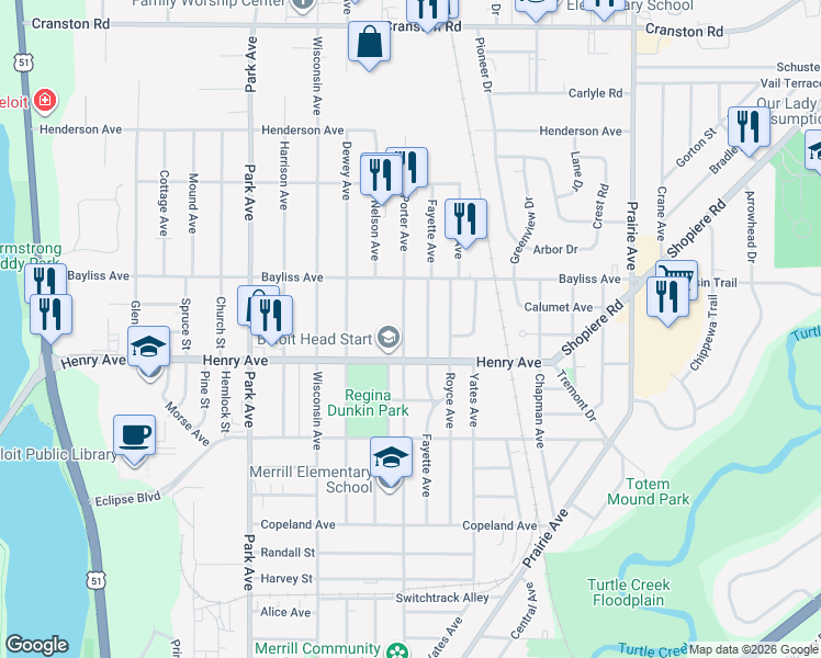 map of restaurants, bars, coffee shops, grocery stores, and more near 1831 Porter Avenue in Beloit