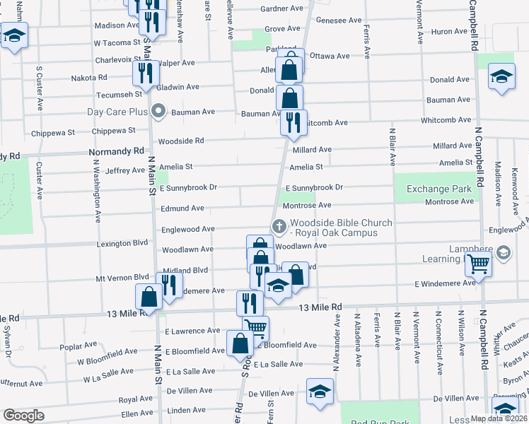 map of restaurants, bars, coffee shops, grocery stores, and more near 508 Edmund Avenue in Royal Oak
