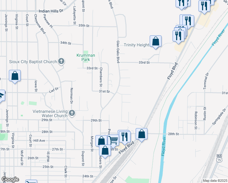 map of restaurants, bars, coffee shops, grocery stores, and more near 3101 Glen Oaks Boulevard in Sioux City