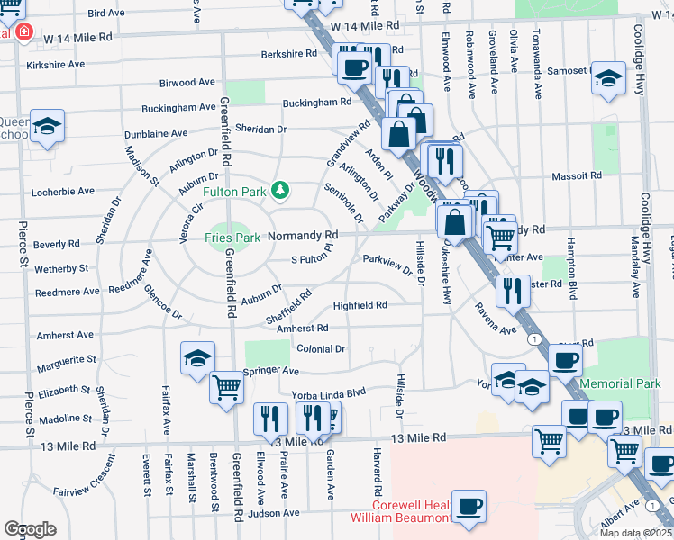 map of restaurants, bars, coffee shops, grocery stores, and more near 3903 Parkway Drive in Royal Oak