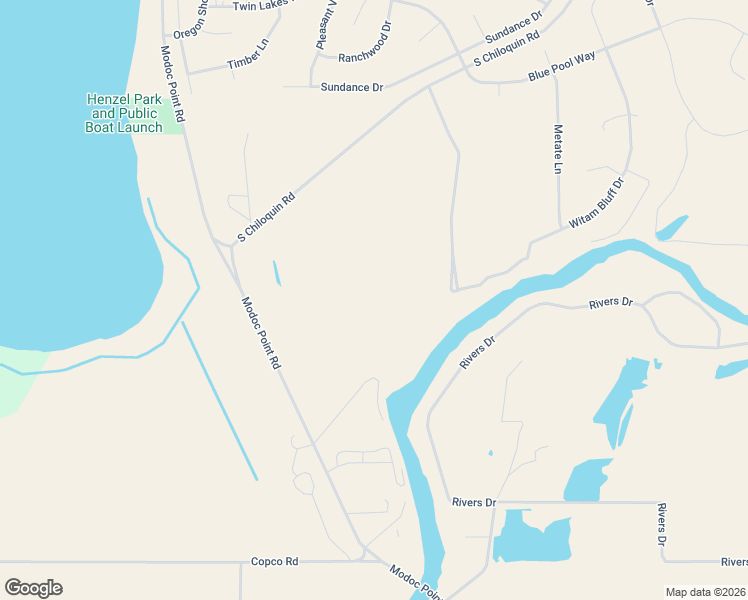 map of restaurants, bars, coffee shops, grocery stores, and more near 32505 Modoc Point Road in Chiloquin