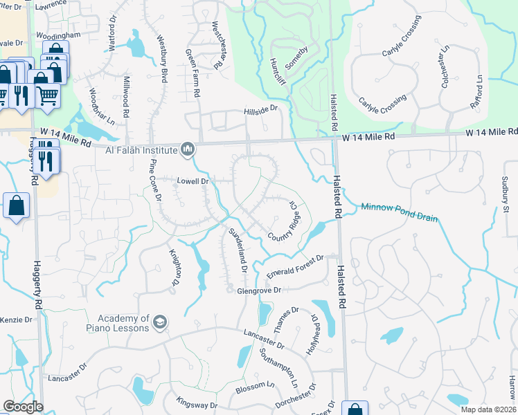 map of restaurants, bars, coffee shops, grocery stores, and more near 30932 Country Ridge Circle in Farmington Hills