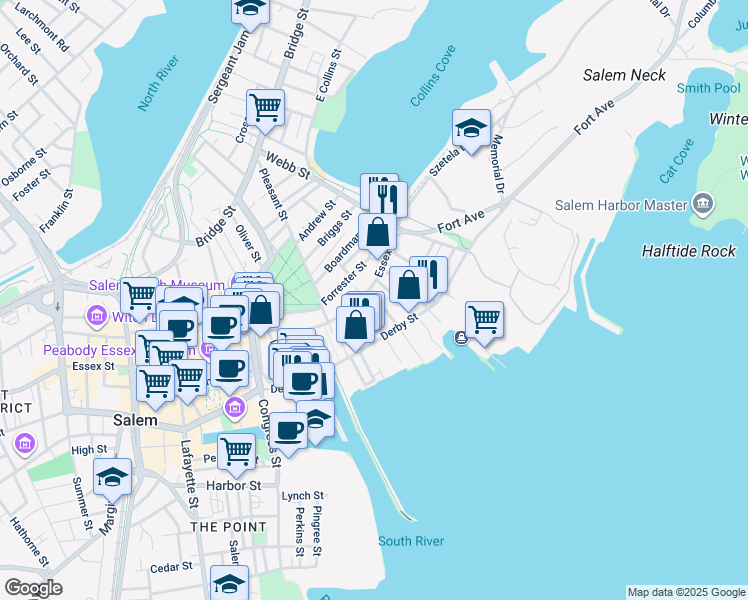 map of restaurants, bars, coffee shops, grocery stores, and more near 4 Turner Street in Salem