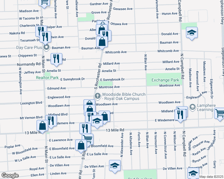 map of restaurants, bars, coffee shops, grocery stores, and more near 624 Montrose Avenue in Royal Oak