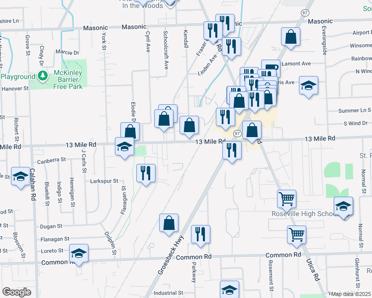 map of restaurants, bars, coffee shops, grocery stores, and more near 16590 East Thirteen Mile Road in Roseville