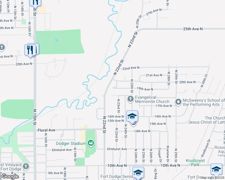 map of restaurants, bars, coffee shops, grocery stores, and more near 2223 19th Avenue North in Fort Dodge