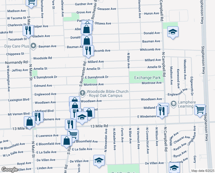 map of restaurants, bars, coffee shops, grocery stores, and more near 904 Montrose Ave in Royal Oak