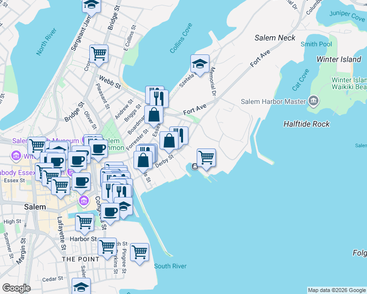 map of restaurants, bars, coffee shops, grocery stores, and more near 74 Derby Street in Salem