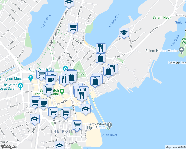 map of restaurants, bars, coffee shops, grocery stores, and more near 2 Forrester Street in Salem